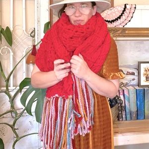 New! Handmade Ruby Red Knit Plush SUPER SOFT Oversize Scarf With Confetti Fringe